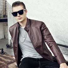 Load image into Gallery viewer, CustOmerD 2019 Autumn New Men's Casual Fashion Stand Collar Slim Leather Jacket Slim Solid Color Leather Jacket Men