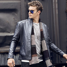 Load image into Gallery viewer, CustOmerD 2019 Autumn New Men's Casual Fashion Stand Collar Slim Leather Jacket Slim Solid Color Leather Jacket Men